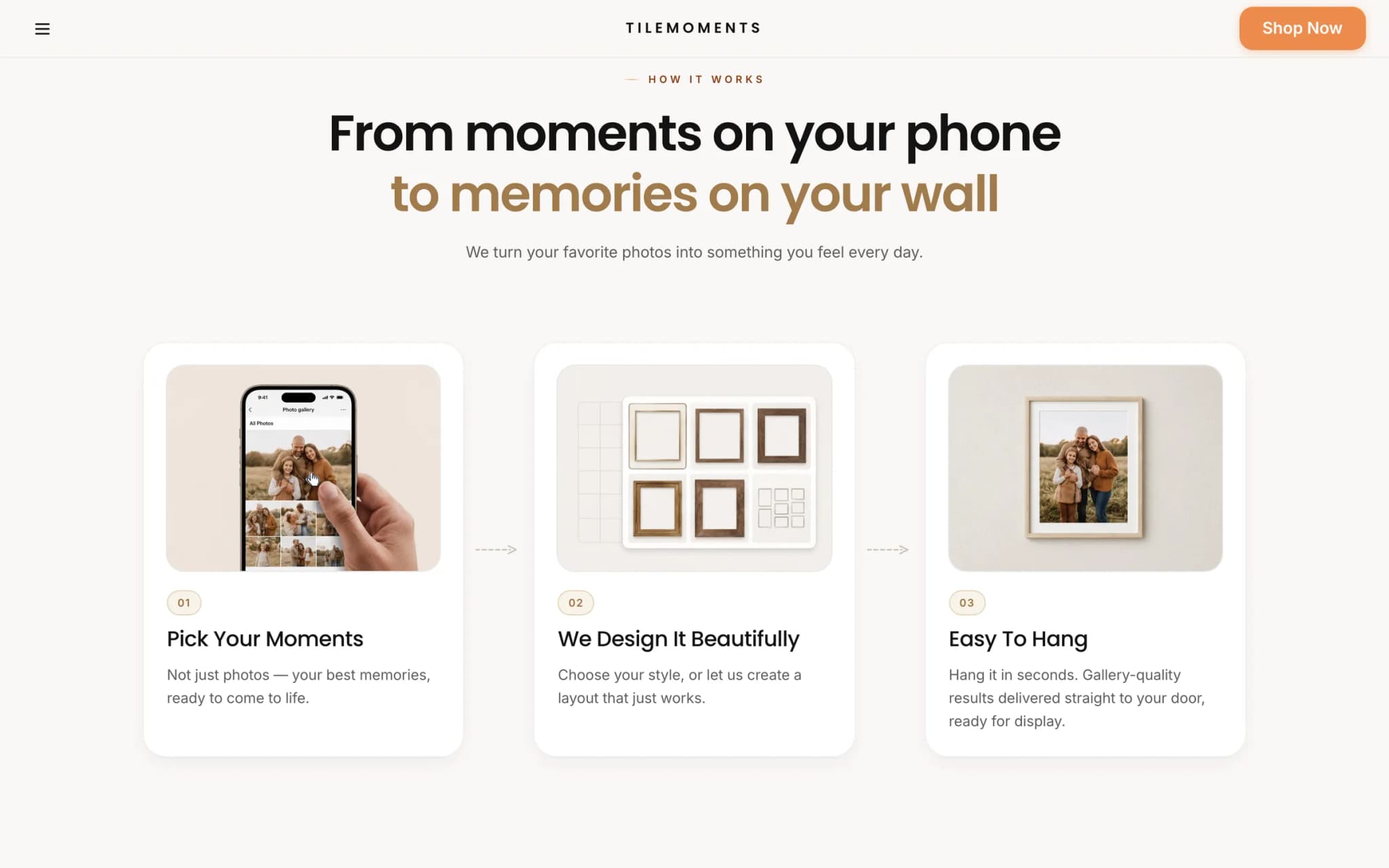TileMoments “How it works”: pick moments, design, hang